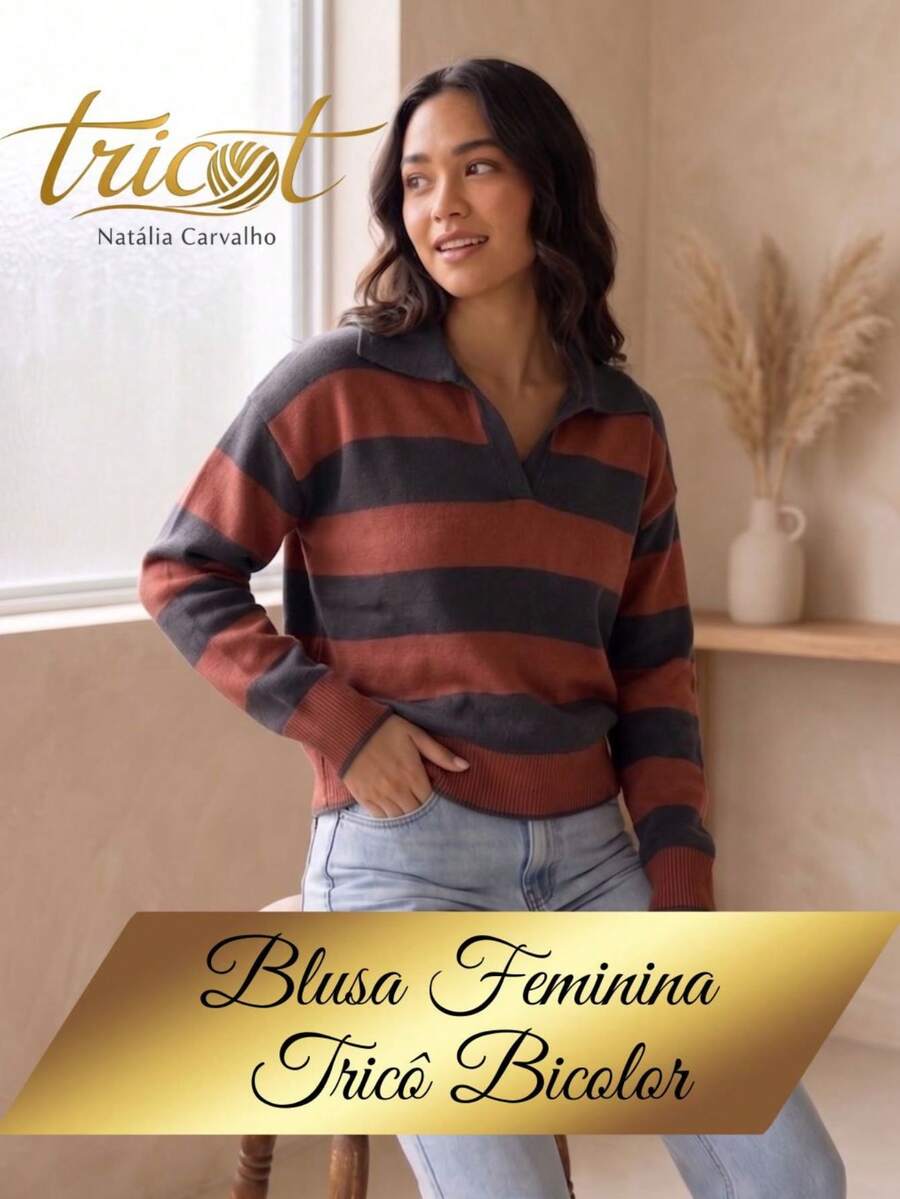 Women's Striped Knit Polo Neck Long Sleeve Ribbed Knit Sweater For Autumn/Winter - Marrón/Azul marino - Ver 1