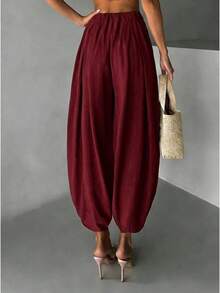 Women Harem Pants Elastic High Waist Loose Casual Wide Leg Tapered Ankle Pants Lightweight Lounge Pants - 酒紅色 - 查看 2