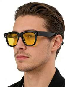 1 PC Men's Square Fashion Glasses Classic Black Polycarbonate Frame Soft Tinted Lenses Casual Style Suitable For Daily Commute With Glasses Box - Multicolor - View 3