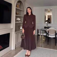 Conjunto de Vestido Largo Elegante de Estilo Retro para Otoño - Marron oscuro - Ver 2
