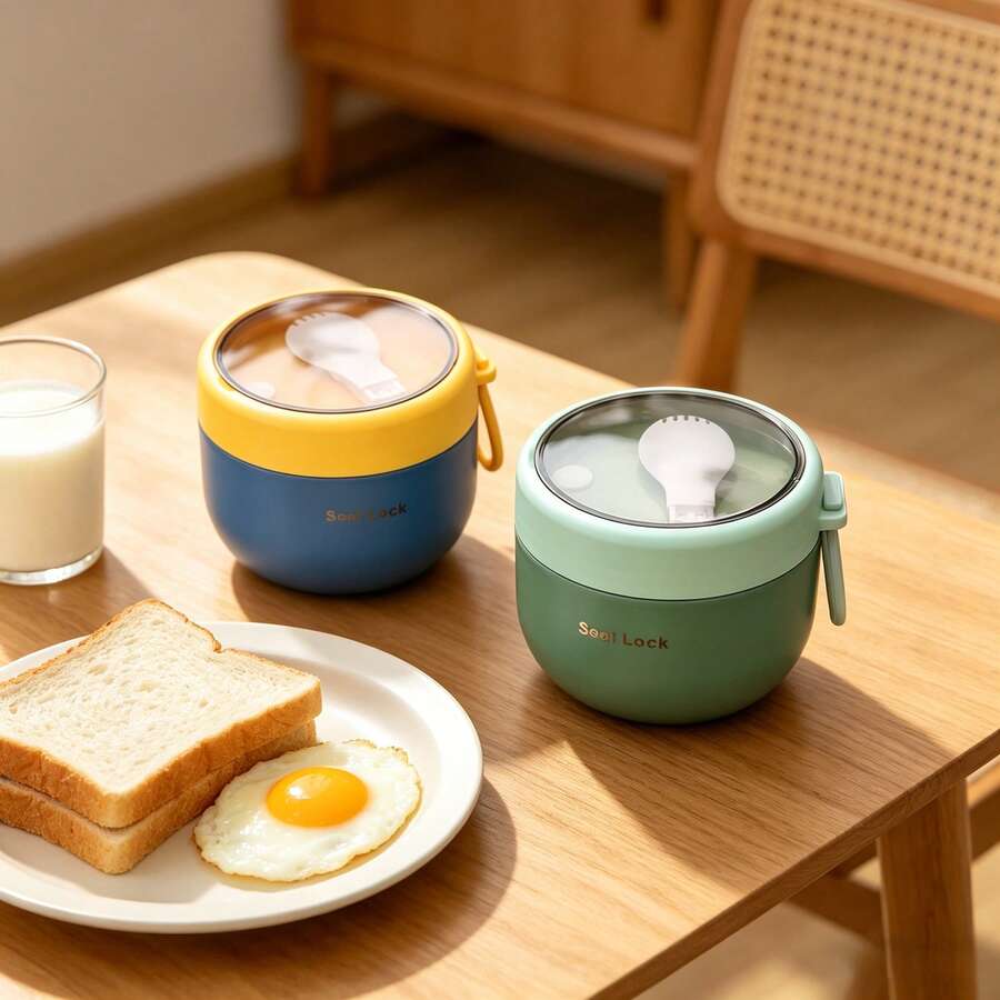 1pc Sealed Insulated Lunch Box With Handle, Leak-Proof Thermal Bento Box With Built-In Spoon, Portable Round Lunch Container, Suitable For Office Workers/Students/Camping