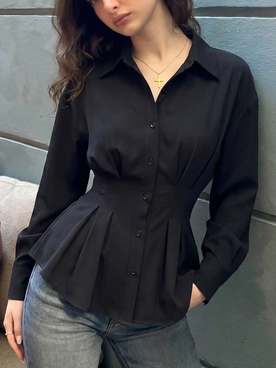 2026 Spring/Summer Women's Black Fitted Waist Ruffle Hem Blouse ...