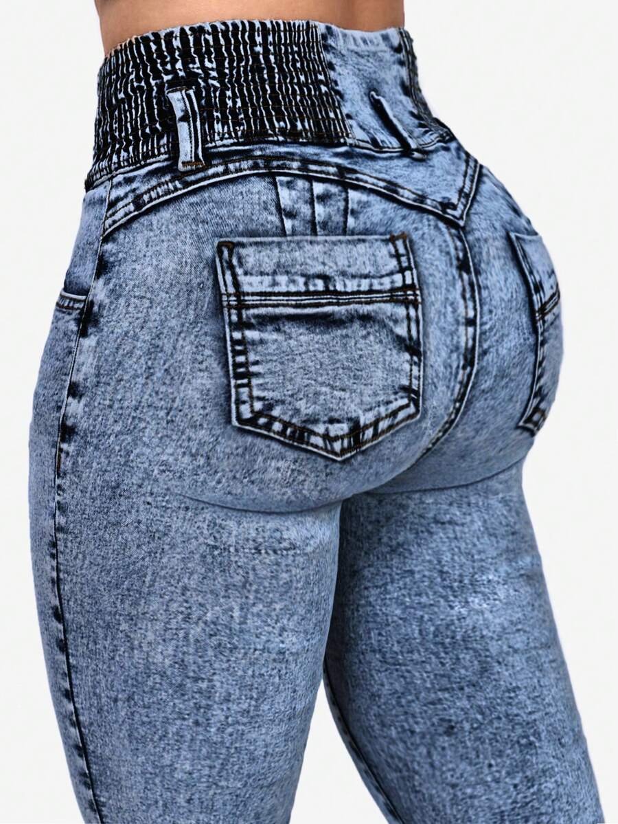 Jeans casuales de mujer con cintura de cordón, ajuste ceñido, lavados, para primavera y otoño - Azul lavado oscuro - Ver 1
