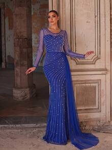 Faeriesty Đầm dạ hội maxi dáng đuôi cá sang trọng, thanh lịch dành cho nữ, chất liệu vải lưới, đính ngọc trai và đá quý, tay dài, cổ tròn. - Xanh đậm - Xem 1