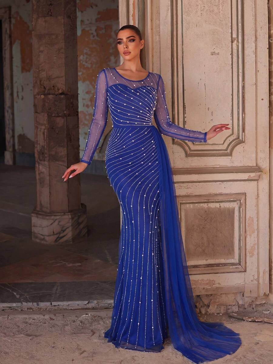 Faeriesty Đầm dạ hội maxi dáng đuôi cá sang trọng, thanh lịch dành cho nữ, chất liệu vải lưới, đính ngọc trai và đá quý, tay dài, cổ tròn. - Xanh đậm - Xem 1