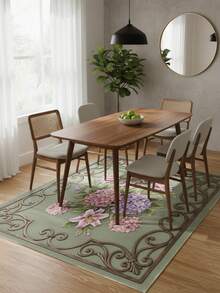 Tapete estampado com lírios e hortênsias verdes vintage, modelo primavera/verão (1 peça), com moldura em ferro forjado francês. Macio, agradável ao toque e absorvente, ideal para sala de estar, área do sofá ou cabeceira do quarto. Tapete simples e fácil de limpar. Perfeito para decorar o quarto, como tapete pequeno ou para uso externo. Lavável. - Multicolorido - Ver 3