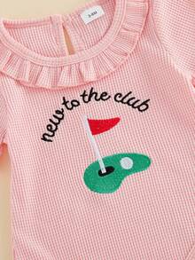 Baby Girl Golf Outfit New To The Club Golf Embroidery Ruffle Romper With Ruffle Hem Shorts Set Infant Soft Waffle Knit Summer Casual Clothes - Pink - View 7