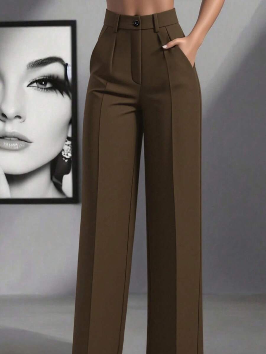 Pantalones holgados de cintura alta con pliegues, aptos para el trabajo y el uso casual, primavera/verano - Marrón - Ver 1
