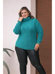 Plus Size Winter Knit Blouse With High Neck - Size GG - Green - View 1