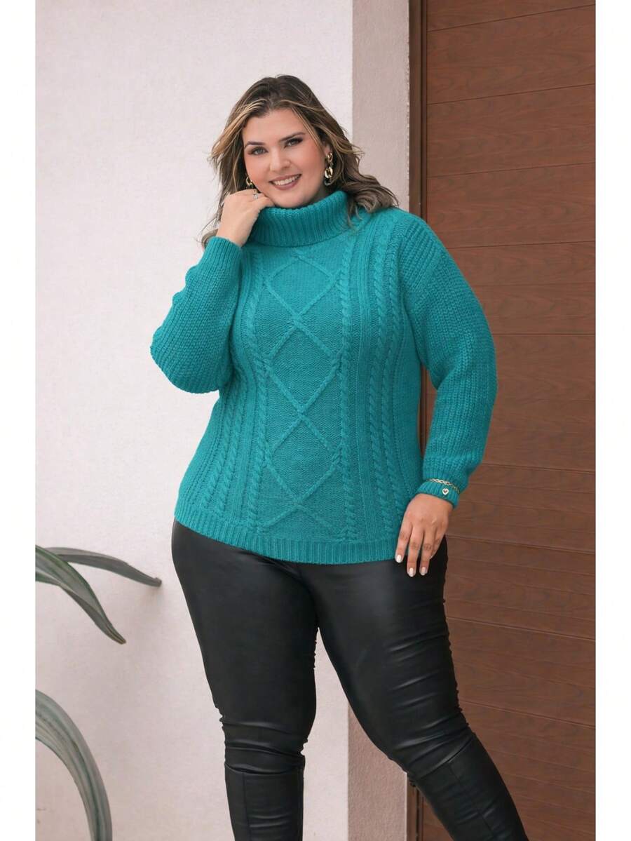 Plus Size Winter Knit Blouse With High Neck - Size GG - Green - View 1