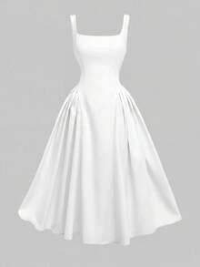 Đầm hai dây Glamful phong cách Pháp ngách, màu trơn, eo thắt, nơ sau lưng, ngọt ngào thanh lịch cho hẹn hò xuân hè - trắng - Xem 3