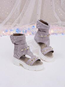 1 Pasang Sandal Musim Panas Anak Perempuan Warna Lavender Berkilau, Model Tinggi dengan Resleting, Desain Berongga, Sol Tebal, Motif Pita Perak, Dekorasi Paku Keling Emas, Cocok untuk Gaya Jalanan dan Pakaian Pesta - Mauve Purple - View 1