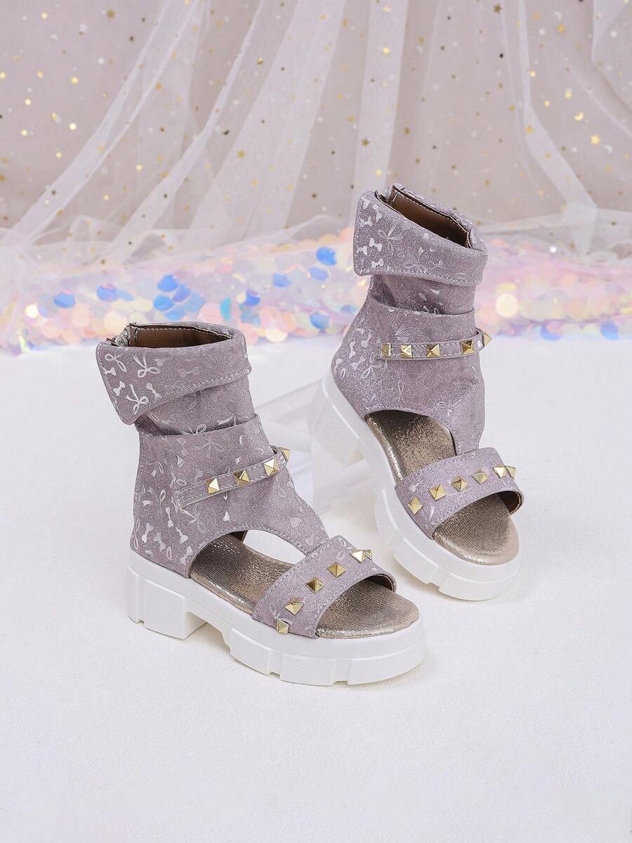 1 Pasang Sandal Musim Panas Anak Perempuan Warna Lavender Berkilau, Model Tinggi dengan Resleting, Desain Berongga, Sol Tebal, Motif Pita Perak, Dekorasi Paku Keling Emas, Cocok untuk Gaya Jalanan dan Pakaian Pesta - Mauve Purple - View 1