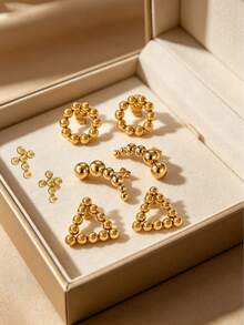 Bộ 8 đôi bông tai đính hạt thời trang cổ điển - Hạt tròn, hình tam giác, hình vuông, hình tròn, hình trái tim, hình chữ thập, chất liệu thép không gỉ, đa năng, thích hợp đeo hàng ngày hoặc làm quà tặng cho phụ nữ. - Vàng - Xem 7