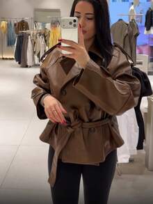 TF.MLN 女士时尚仿皮夹克，优雅街头风外套，女士防风夹克 - 棕色 - 查看 4