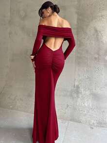 Vestido largo sirena para mujer, hombros descubiertos con espalda al aire, ajustado y fruncido, elegante para fiestas, bodas como invitada y graduación, color liso - Burdeos - Ver 3