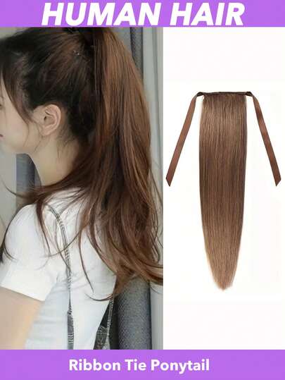 Dây buộc tóc đuôi ngựa bằng tóc thật, kiểu buộc thẳng, cỡ #30, có kẹp, màu nâu nhạt, tóc nối dài thẳng, tóc giả đuôi ngựa màu nâu, dùng hàng ngày, dài 8-18, 20, 22, 24 inch.