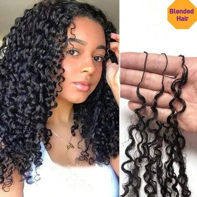 20英寸水波纹羽毛钩编假发，40克深卷曲钩编辫子接发，女士专用，无结预分离设计，方便编织，自然黑色，合成纤维与人发混合，轻盈可重复使用。