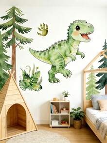1 miếng dán tường hình khủng long bạo chúa Tyrannosaurus Rex, Triceratops, Pteranodon hoạt hình, cây nhiệt đới và khủng long hoạt hình, thích hợp cho phòng trẻ em, phòng chơi game, phòng ngủ, trường mẫu giáo, lớp học, bé trai và bé gái, ngày thiếu nhi. - Nhiều màu - Xem 2