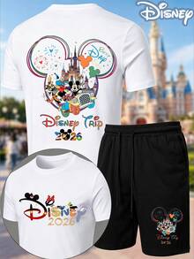Men 2 Piece Outfits Disney Trip 2026 Officially Licensed , Disney Castle Characters Graphic Tees, Shorts For Men Summer Clothes Casual Streetwear Theme Park 2PC Set - 白色 - 查看 1
