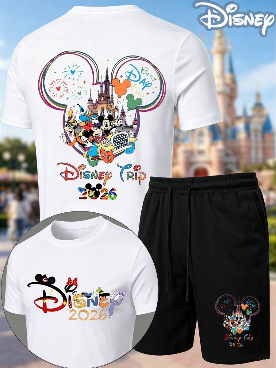 Men 2 Piece Outfits Disney Trip 2026 Officially Licensed , Disney Castle Characters Graphic Tees, Shorts For Men Summer Clothes Casual Streetwear Theme Park 2PC Set - 白色 - 查看 1