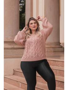 Plus Size Winter Puff Sleeve Knitted Blouse - Size G2 (EXL) - Rose - View 3