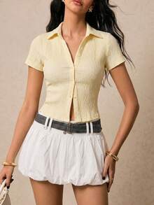 Áo thun ngắn tay ôm dáng, xếp ly, chất liệu vải dệt họa tiết, thương hiệu SOOKAUG dành cho nữ, mẫu mới về mùa xuân. - Màu vàng - Xem 6