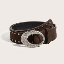1pc Vintage Alloy Buckle Rivet Belt, Suitable For Western Cowgirl Style - Coffee - View 8