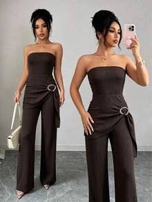 Bộ jumpsuit dệt kim màu nâu đậm trơn - Thiết kế không dây vai, khóa cài kim loại ở eo, quần ống loe cạp cao, tôn dáng cho mọi vóc dáng - màu nâu - Xem 8