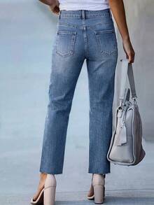 新款休闲百搭双排扣中腰无弹力七分牛仔裤 春季款 - 中等水洗藍 - 查看 4