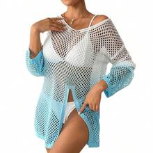 2026 New Hollowed-Out Sexy Bikini Cover-Up Gradient Beach Pullover Long Sleeve - 6965-blue and White - View 5