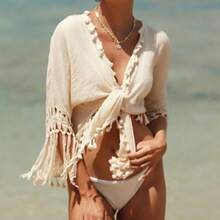 Hand-Crocheted Fringed Cardigan, Vacation-Style Beach Cover-Up, Sun-Protective Bikini Cardigan - Apricot - View 4