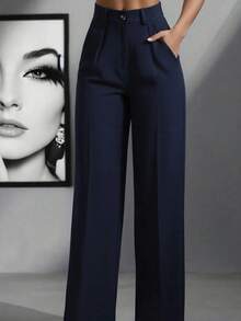 Pantalones casuales y de oficina de talle alto con pliegues para mujer, de corte holgado, adecuados para primavera/verano, color caqui - Azul marino - Ver 1