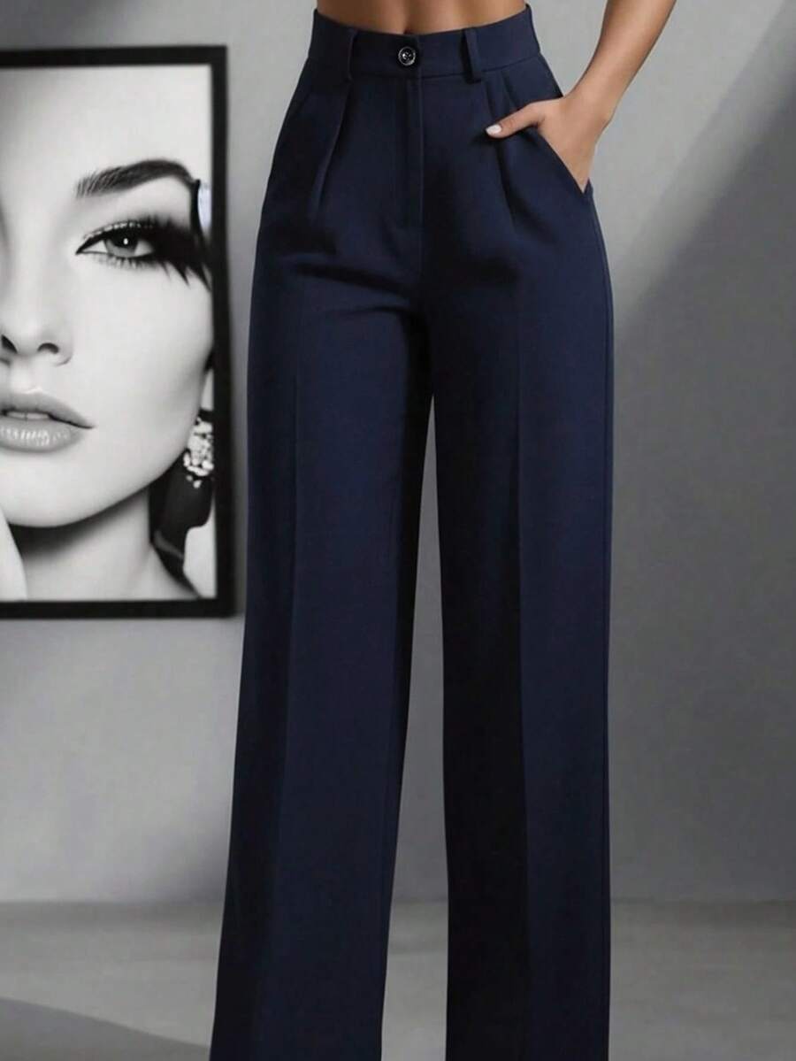 Pantalones casuales y de oficina de talle alto con pliegues para mujer, de corte holgado, adecuados para primavera/verano, color caqui - Azul marino - Ver 1
