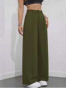 Pantalones holgados de cintura alta con pliegues, aptos para el trabajo y el uso casual, negro para primavera/verano - Verde militar - Ver 5