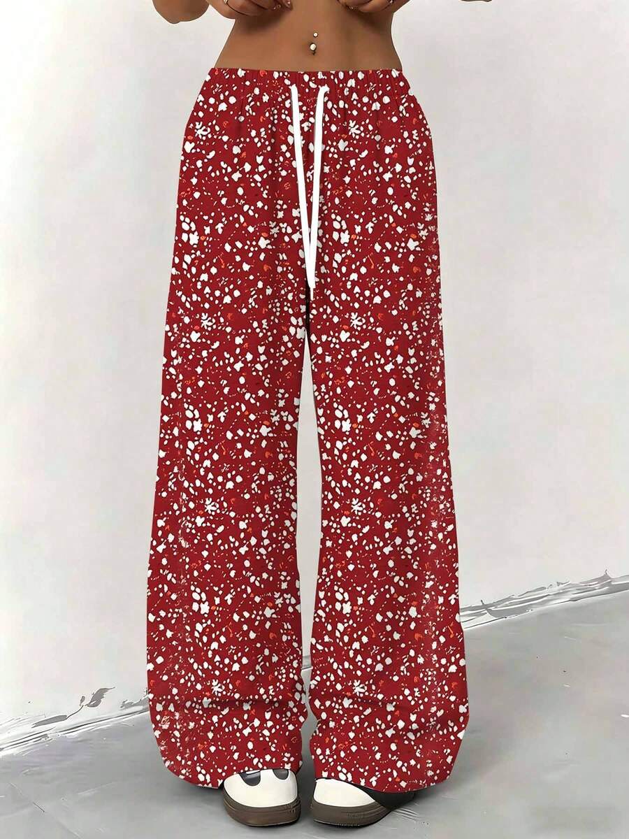Women Straight Leg Wide Leg Pants Red With White Floral Print Casual Comfortable Loose Fit For Everyday Wear And Light Exercise 250g - 彩色 - 查看 1