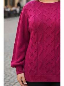 Plus Size Winter Puff Sleeve Knitted Blouse - Size G2 (EXL) - Pink Dahlia - View 2