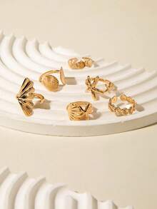 6pcs/Set Minimalist Zinc Alloy Starfish & Shell Ring Set, Suitable For Women's Daily Stacking, Gift - 29916-g-eP - View 4