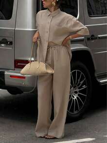 Look Polly Conjunto informal y elegante de verano para mujer de lino beige de 2 piezas, camisa abotonada y pantalones de pierna ancha para vacaciones y uso diario en primavera - Caqui - Ver 1