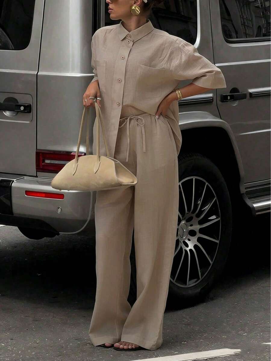 Look Polly Conjunto informal y elegante de verano para mujer de lino beige de 2 piezas, camisa abotonada y pantalones de pierna ancha para vacaciones y uso diario en primavera - Caqui - Ver 1
