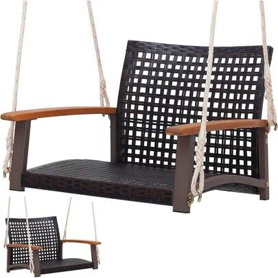 Rattan Swing Chair Outdoor Single Hanging Seat With Armrest For Patio Yard