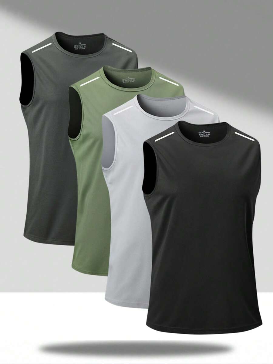 4pcs Men's Quick-Dry Tank Tops, Multi-Color Combination Fitness Wear, Outdoor Sports Reflective Strip Night Running Style - Multicolor - View 1