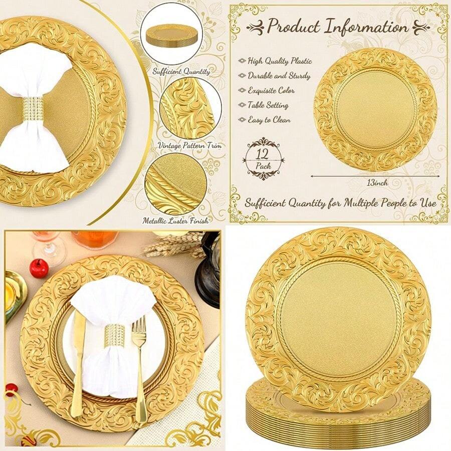 Uiifan - 2 platos de carga dorados 3 pulgadas de plástico antiguo decorativos redondos platos de cena en relieve para bodas fiestas eventos catering decoración de mesa - Aire - Ver 1
