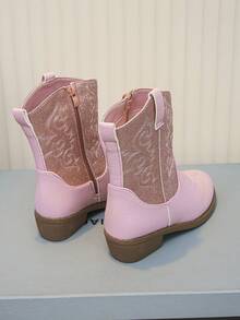 Bottes de cowboy western pour filles, bottes mi-mollet roses avec tissu pailleté et broderie, fermeture éclair latérale, talon bas antidérapant convenant aux tout-petits/petites filles/grandes filles - Rose bonbon - Voir 6