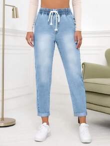 Quần jeans nữ ống côn, cạp chun, có túi, kiểu dáng thường ngày, đa năng. - Rửa nhẹ - Xem 2