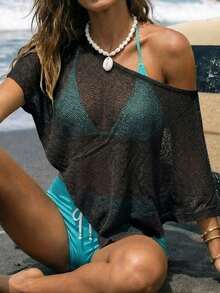 Womens Knit Poncho Tops Solid Color Off One Shoulder Lightweight Shawl Sheer Asymmetric Cape For Summer - Black - View 4