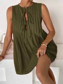 Vestido corto informal versátil de cuello cerrado sin mangas para mujer, detalles de pliegues y cordón delantero.Tela 100% algodón cómoda y transpirable, silueta holgada.Ideal para verano, playa y vacaciones. - Verde militar - Ver 8