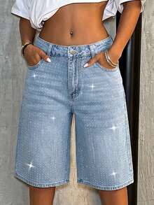 Low-Waist Distressed Denim Shorts With Sequins & Rhinestones, Loose Fit Straight Leg, Suitable For Parties, Music Festivals, Dates, Shopping, Street Style, Summer Casual - Medium Wash - View 2