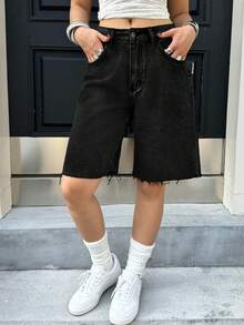 Y2K Vintage Street Style Ripped Distressed Frayed Hem Wide Leg Bermuda Denim Shorts, Comfortable Knee-Length Denim Shorts, Halloween Casual Black Summer - Black - View 3