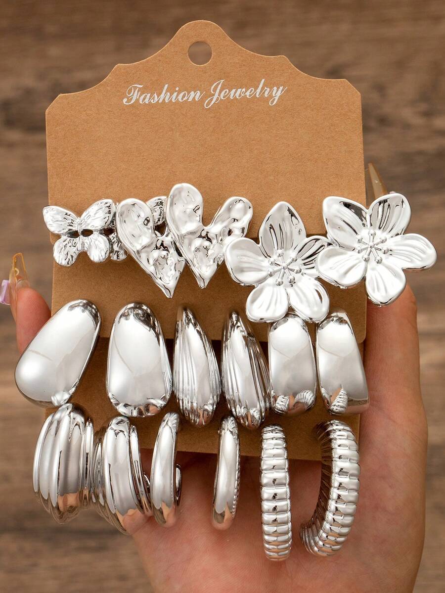 Silver CCB Material Earrings Set, Featuring Butterfly, Heart, Flower Hoop Earrings, Unique Design, Versatile For Daily Wear And Gatherings - Silver - View 1